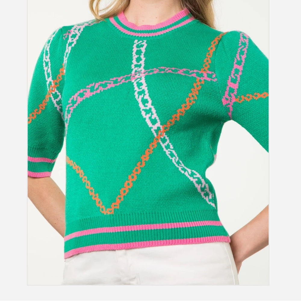 THML Chainlink Pink and Green Short Sleeve Sweater